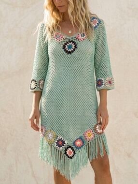India Boutique Mint Green Crotchet Fringe Coverup Unique